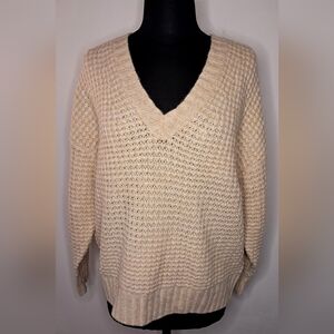 American Eagle Outfitters Women's Oversized V-Neck Knit Cream Sweater